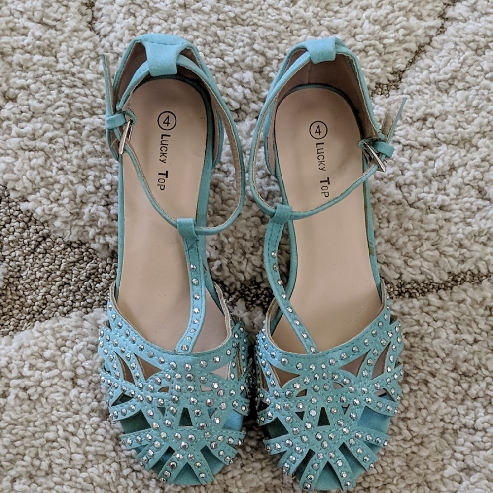 Luck Top girls kitty heels mint green sandals gems